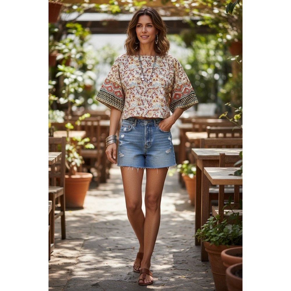 Pure Jill J. Jill Cotton Floral Block Print Cropped Indie Boho Boxy Top Medium P